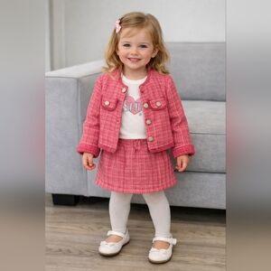 Pink Baby Girls 3–4Y Tweed Jacket & Skirt Set + “Shine” Top